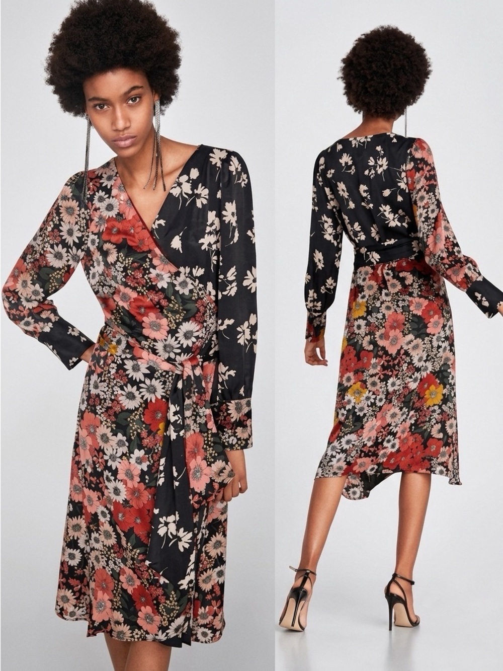 Zara Basic Womens Floral Wrap Midi Dress Long Sleeve Colorblock Size S